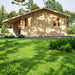 Front view of GardenHouse24 USA Den 70 Garden Room with trees in the background and a bike leaning on the wall