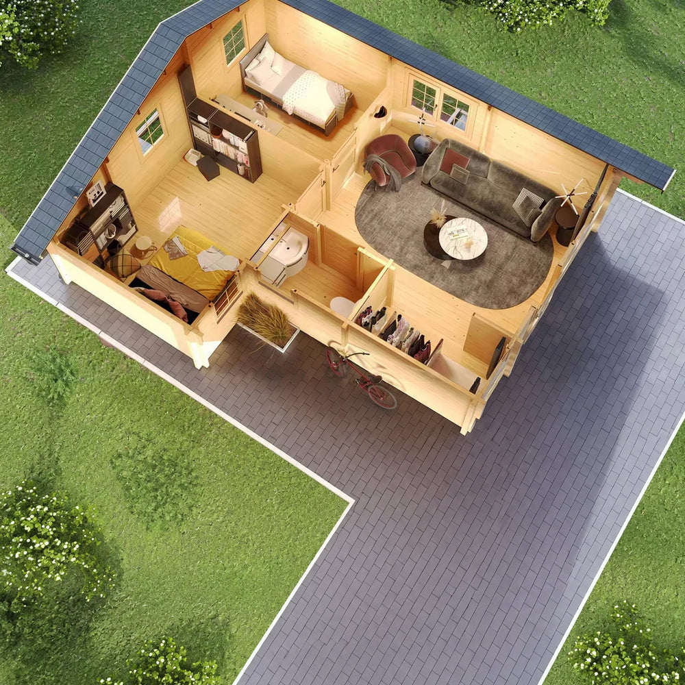 A top-down view showing the furnished interior layout with a bedroom, living area, bathroom, and closet in the GardenHouse24 USA Den 70 Garden Room
