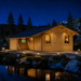 Den 70 beside a Wyoming alpine lake at night, with friends watching football through the recessed side window.