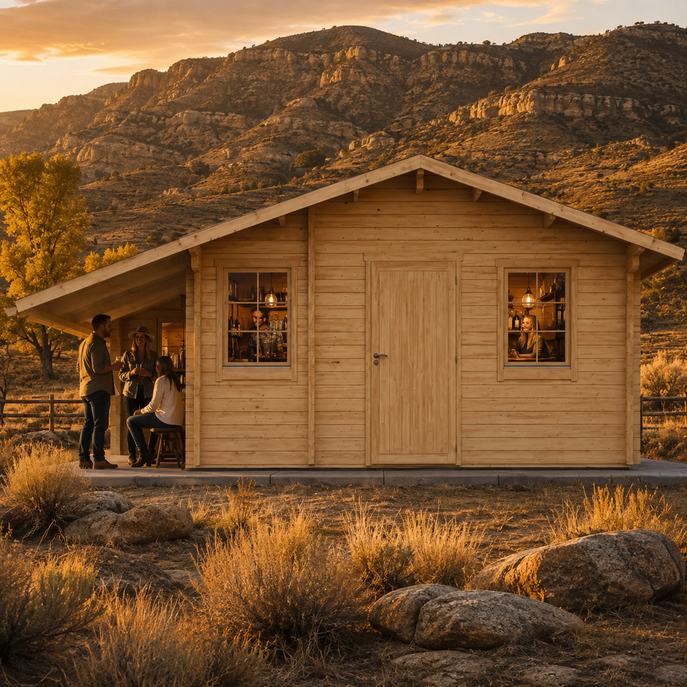Den 70 entertainment bar with adults socializing in Wyoming’s golden Cody foothills.