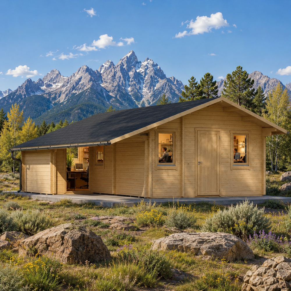 Den 70 home office in a sunny Wyoming meadow beneath the Teton Range.