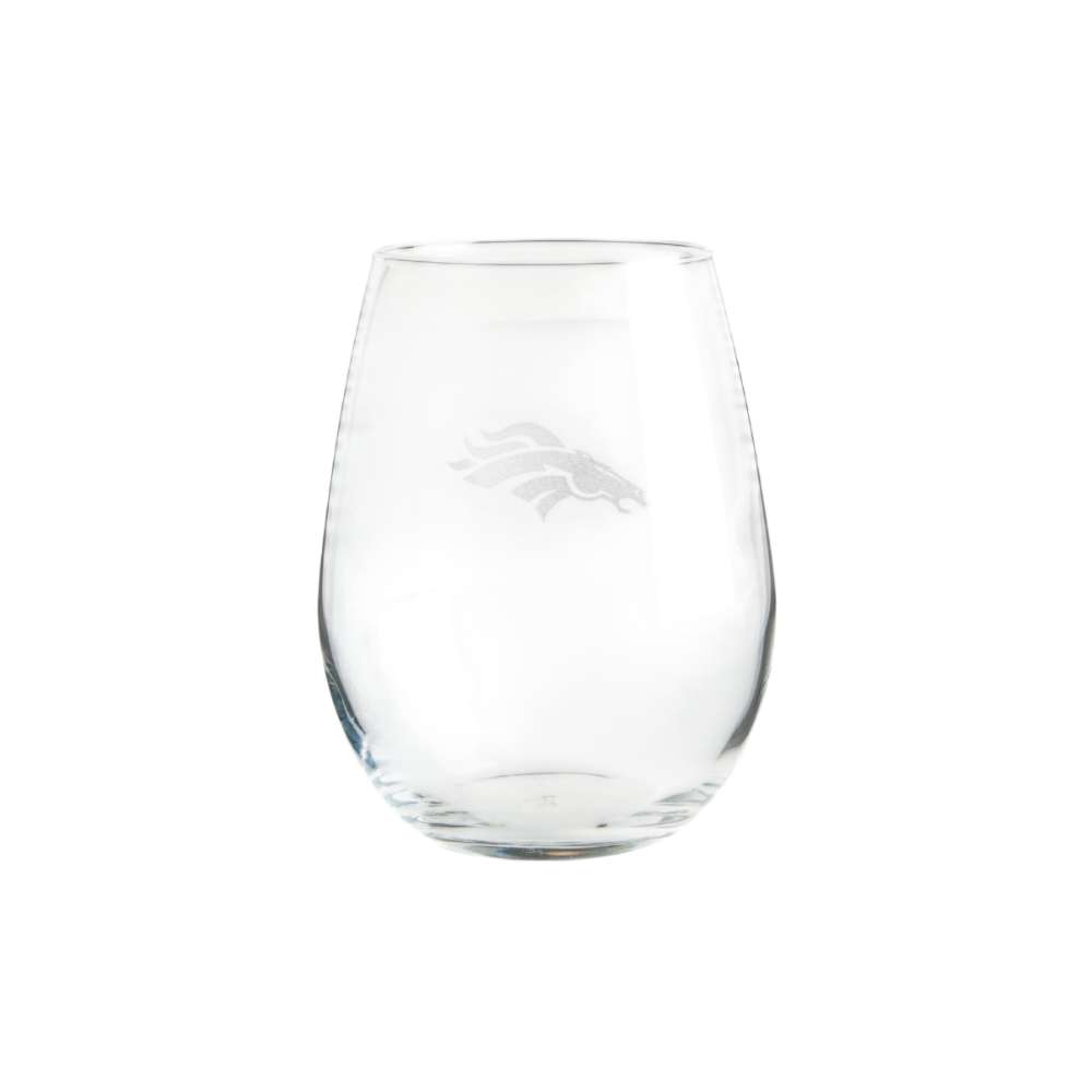 Denver Broncos Crate & Barrel NFL Aspen 11.75oz Stemless Wine Glass, Set of 4 featuring an etched Broncos horse-head logo on clear glass