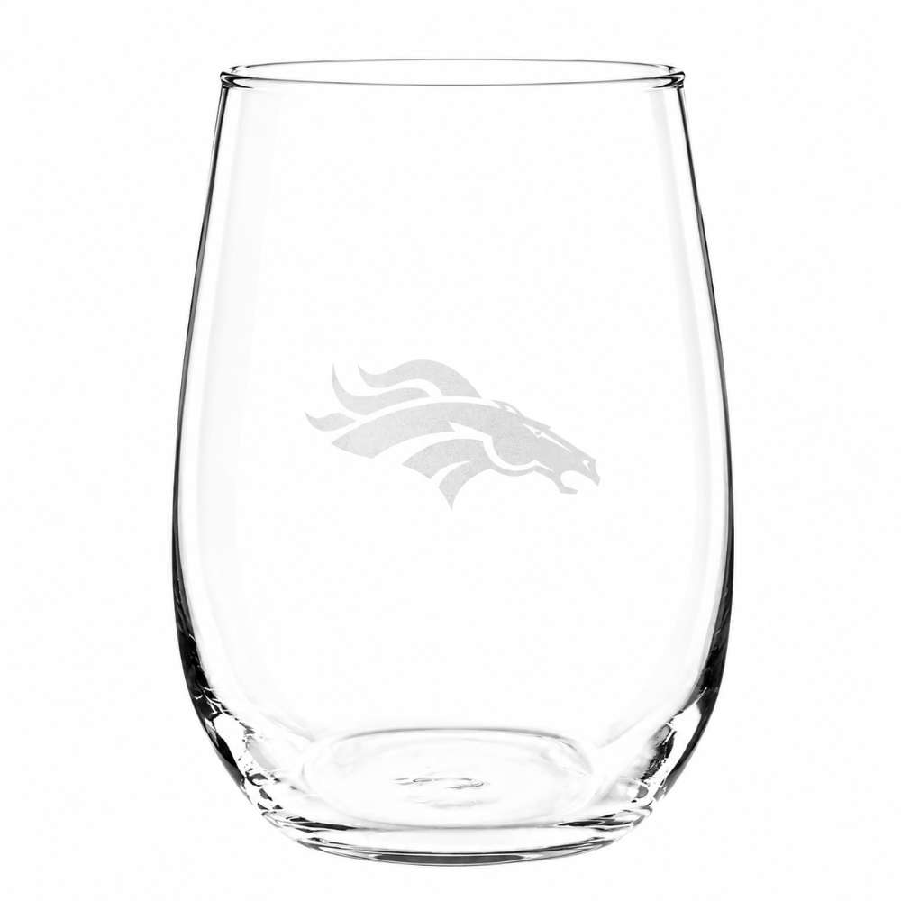 Denver Broncos Crate & Barrel NFL Aspen 17oz Stemless Wine Glass, Set of 4 features a clear stemless glass etched with the Broncos horse-head logo