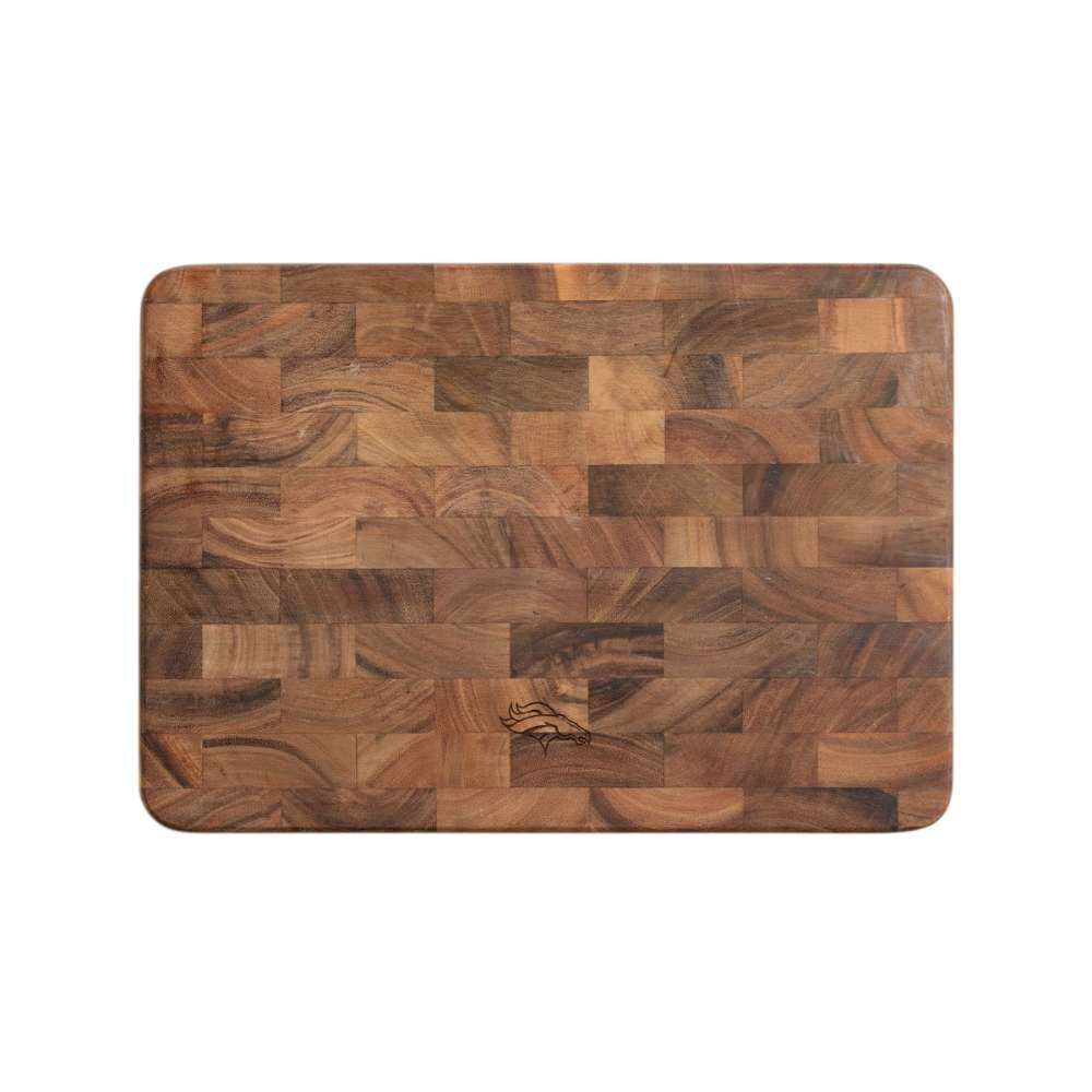Denver Broncos Crate & Barrel NFL Rectangular End Grain Cutting Board with a rich end-grain wood pattern and engraved horse-head logo