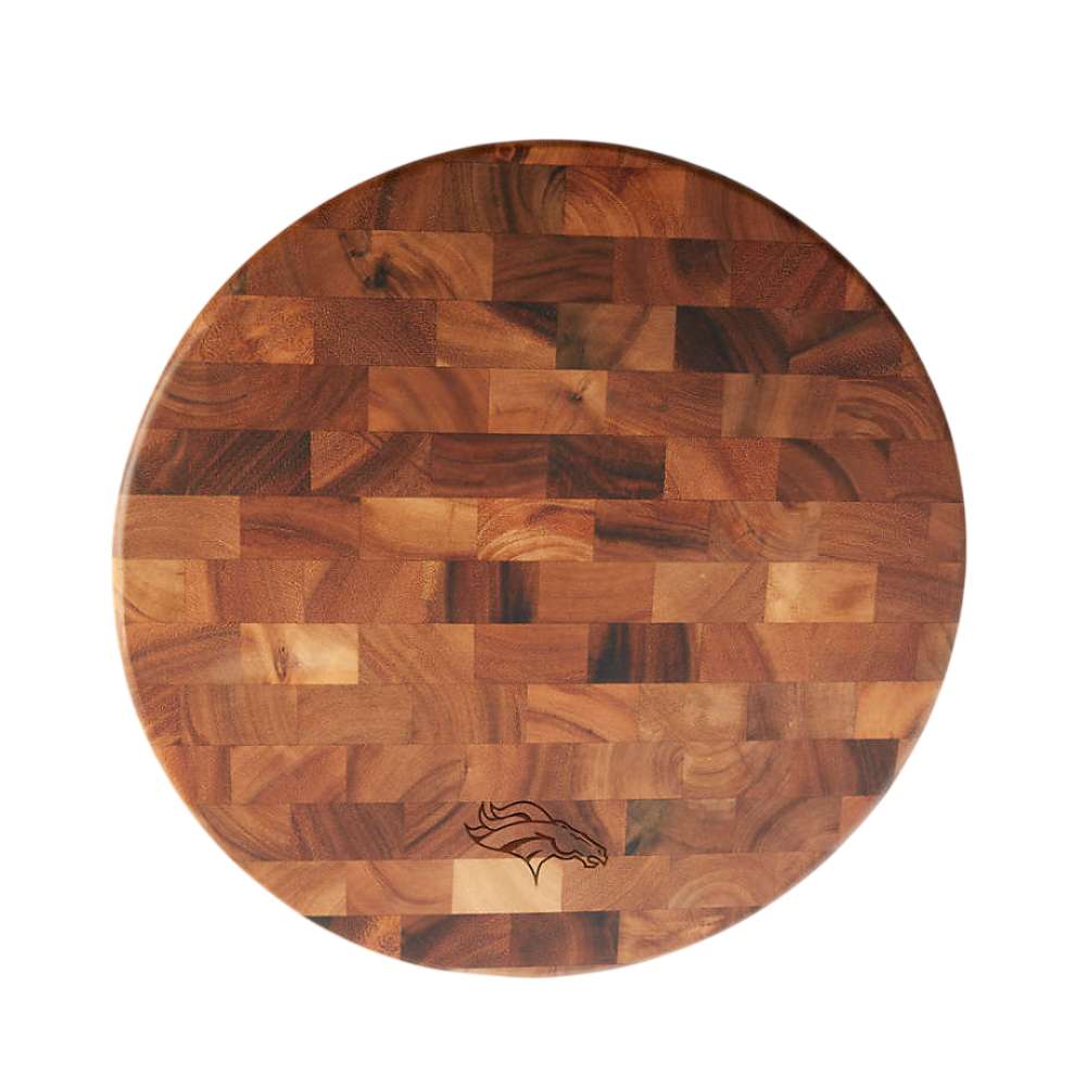 Denver Broncos Crate & Barrel NFL Round End Grain Cutting Board features a round wood-block design with the Broncos logo near the bottom