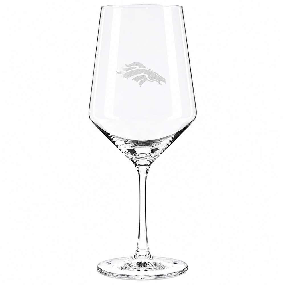 Denver Broncos Crate & Barrel NFL Tour 18oz Red Wine Glass, Set of 4 featuring the Broncos horse-head logo etched on a clear stemmed wine glass