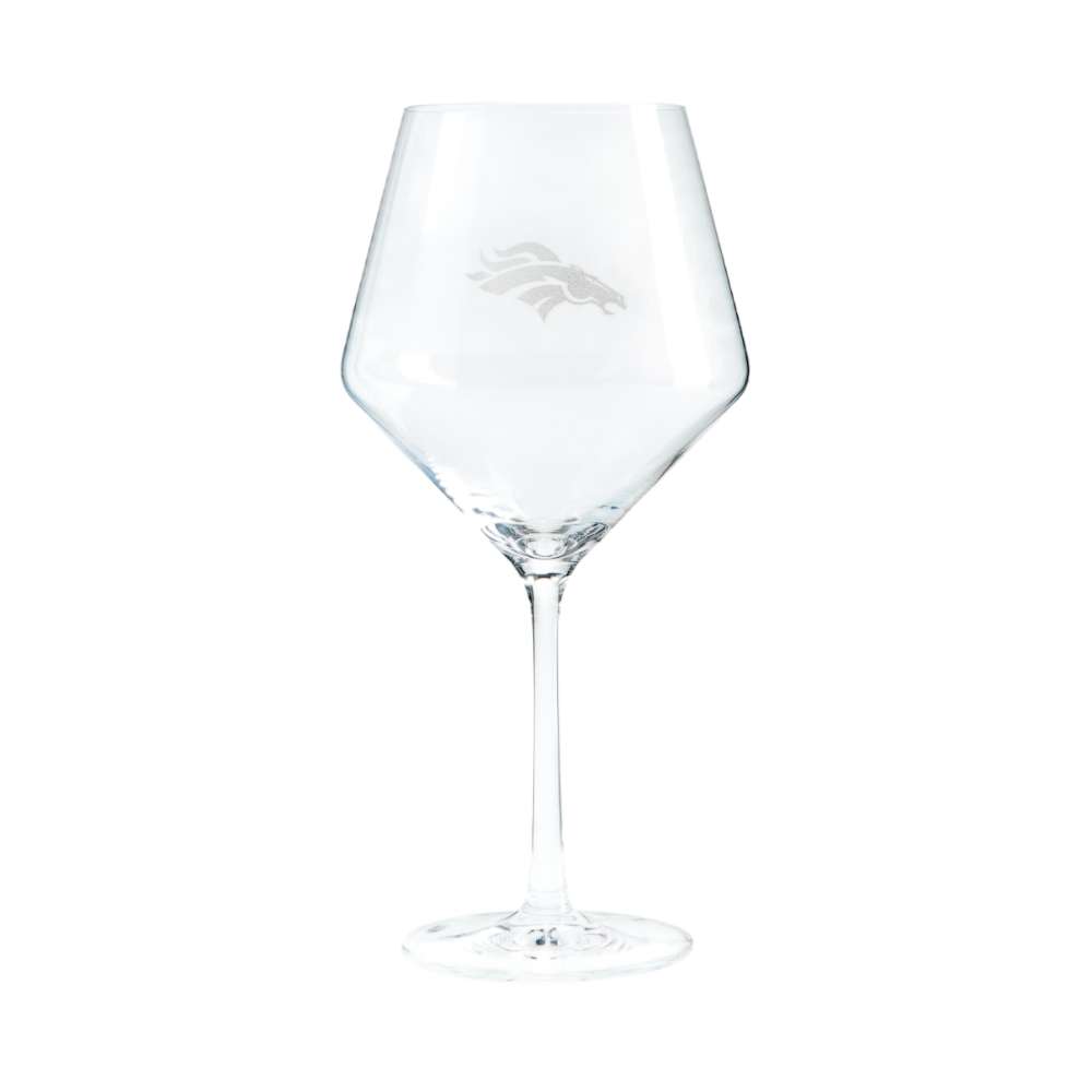 Denver Broncos Crate & Barrel NFL Tour 24oz Red Wine Glass, Set of 4 featuring the Broncos horse-head logo etched on a clear stemmed wine glass