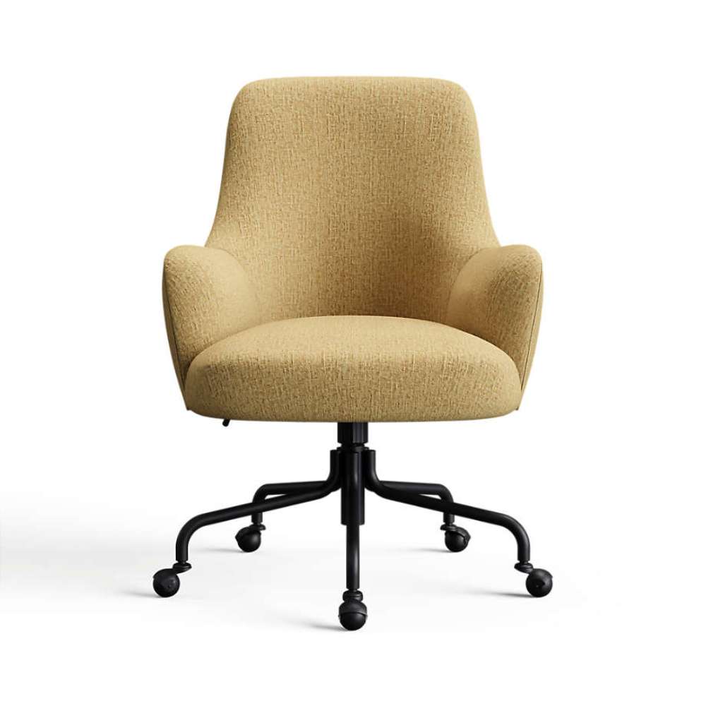 Desert Monet Recycled Chenille Crate & Barrel Bellevue Upholstered Office Chair in desert beige chenille with rounded arms and a black caster base