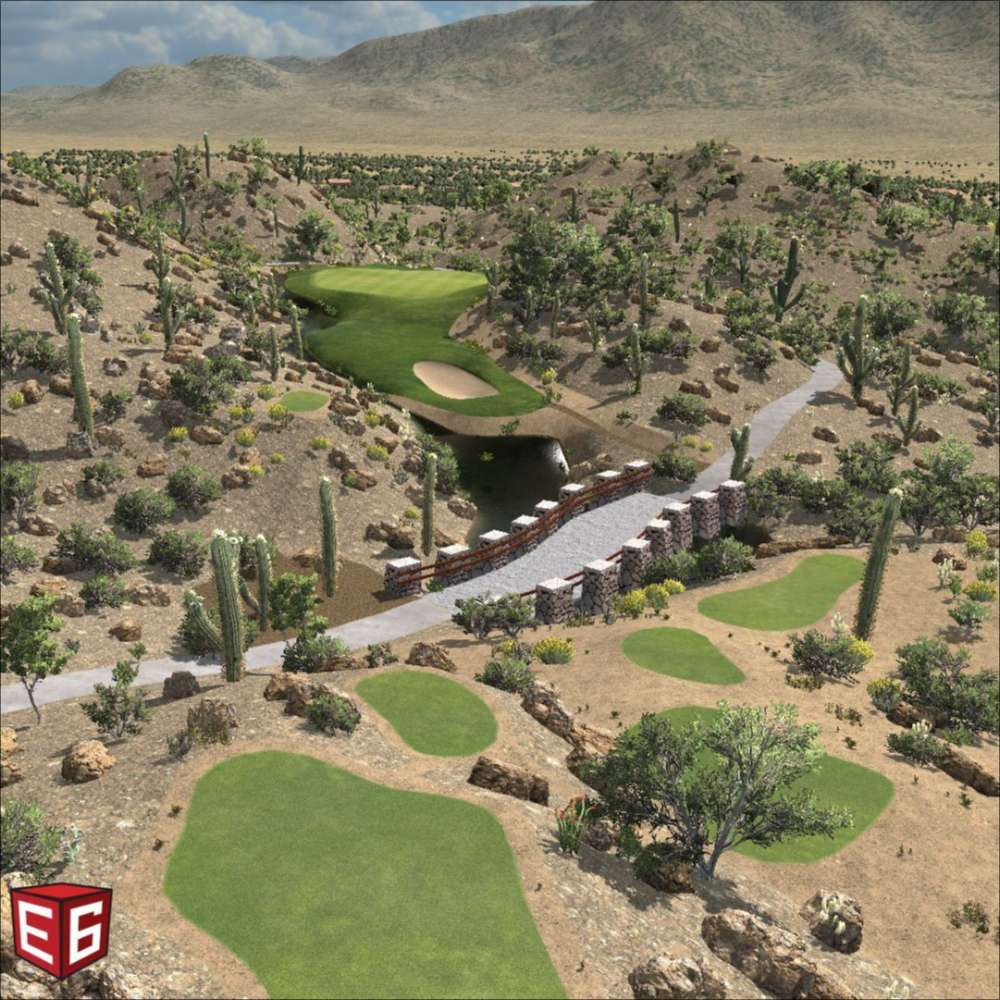 Desert-style virtual course with sand and cacti is shown using TruGolf LaunchBox Golf Launch Monitor w/ E6 CONNECT Home + Premium