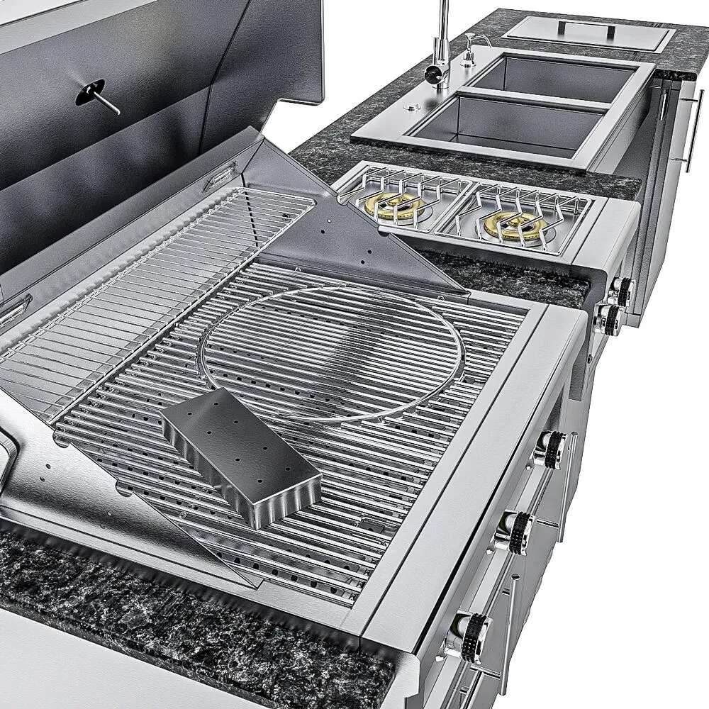 Detailed close-up of Sunstone Summit 10ft Outdoor Kitchen Island Package grill grates, burners, and adjacent side burner and sink
