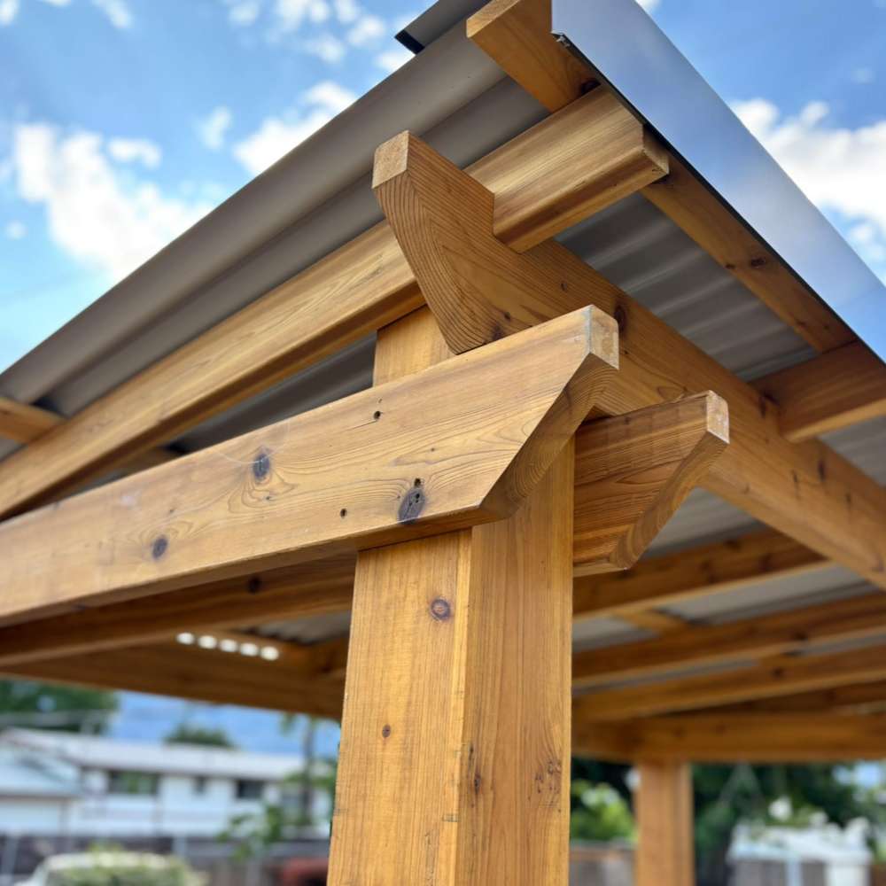 Detailed corner joint of Outdoor Living Today Western Red Cedar 8x5 Grill Gazebo highlights its solid cedar beam construction and roof support