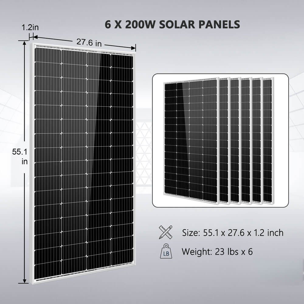Detailed product view of the components included in Sun Gold Power 5000W 48VDC 120V 5.12KWH LiFePO4 Battery 1200W Solar Panel Off-Grid Solar Kit