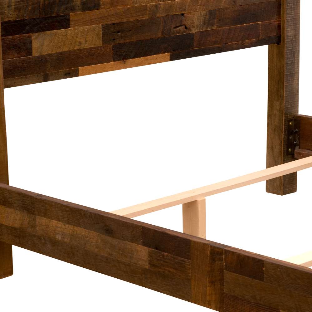 Detailed side view highlights the sturdy wooden frame and slatted support system of Fireside Lodge Barnwood Americana Bed