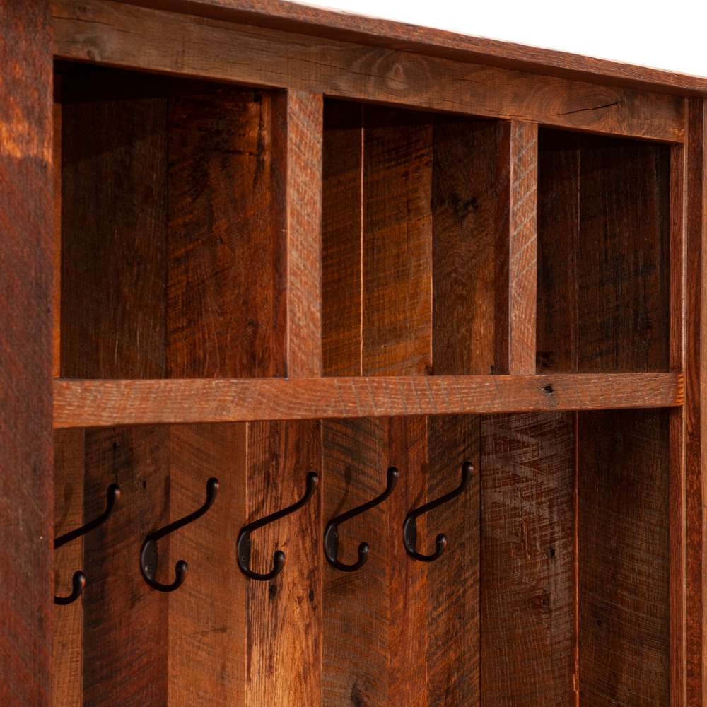 Detailed side view of Fireside Lodge Barnwood Entry Locker highlighting its rich wood grain and upper storage cubbies