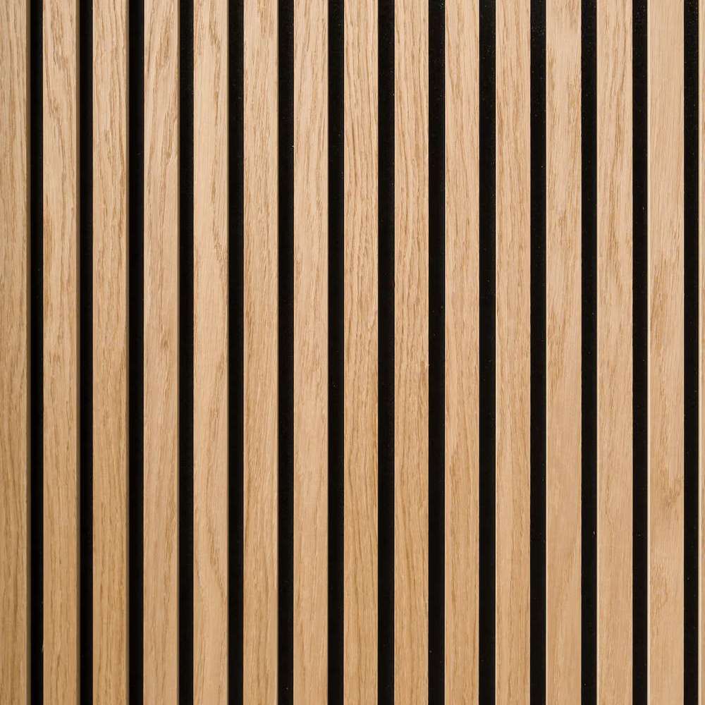 Detailed view of GIK Acoustics SlatFusor™ Polycylindrical Diffuser highlighting parallel oak-colored slats separated by black acoustic gaps