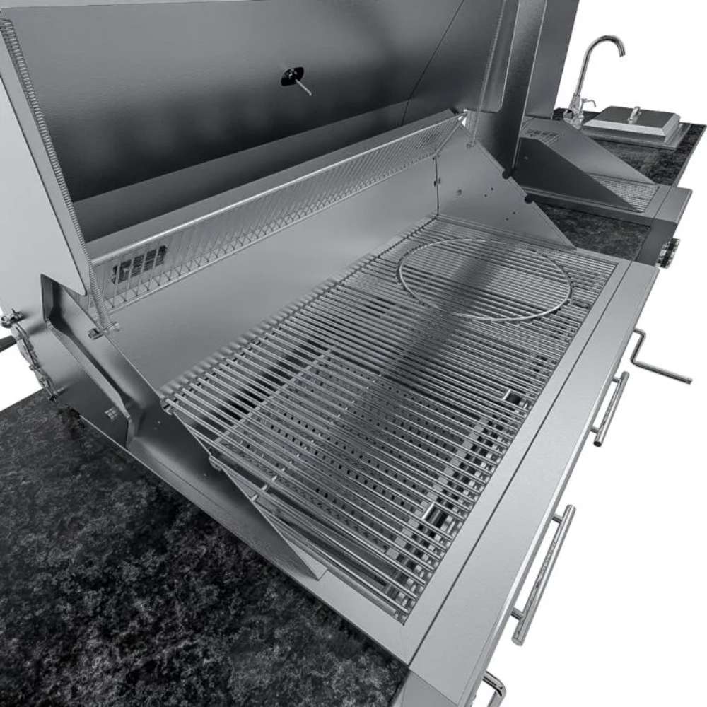 Detailed view of Sunstone Dallas 14ft Outdoor Kitchen Island Package with Gas Hybrid Charcoal Grill showing the large charcoal grill grates and interior