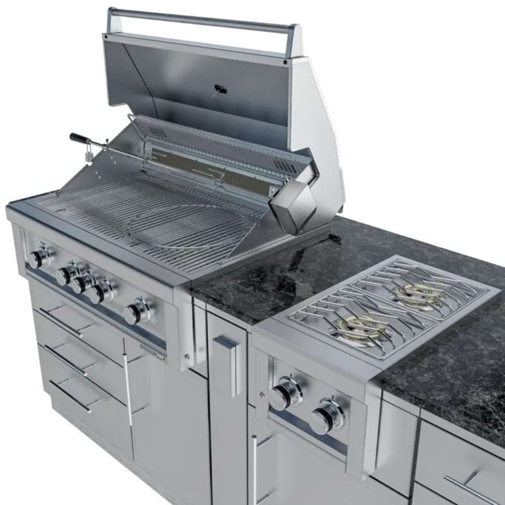 Detailed view of Sunstone Savanna 16ft Outdoor Cabinet Package with 60° Angle shows the open grill with cooking grates and control knobs