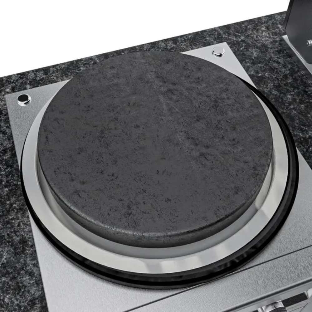 Detailed view of Sunstone TexCajun 9ft Outdoor Kitchen Island Package steel griddle surface on a stainless burner base