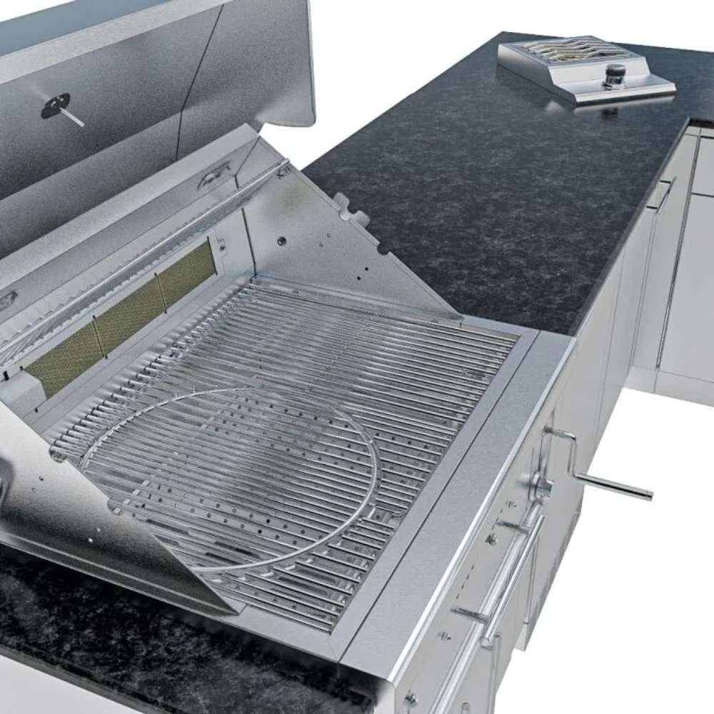 Detailed view of a grill surface and countertop area in the Sunstone Texas Tango 19ft Outdoor Kitchen Island Package