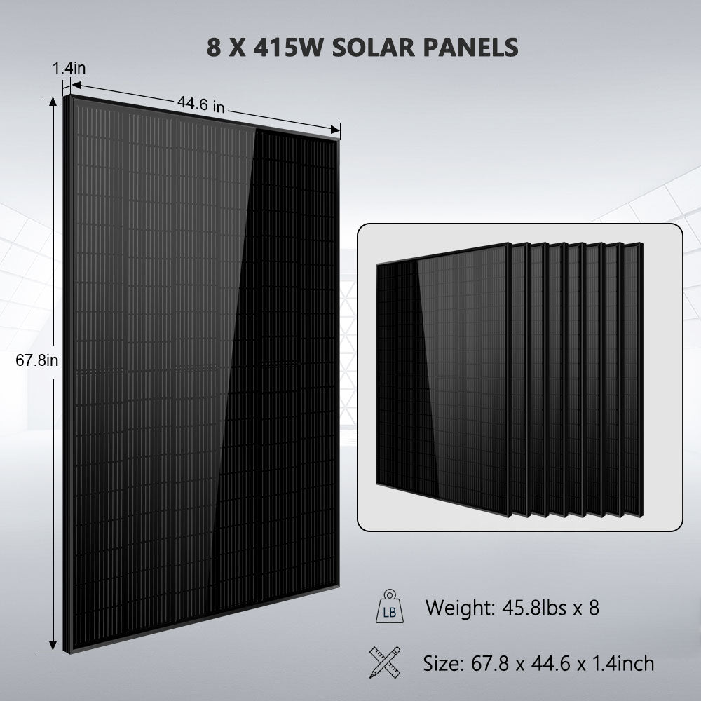 Detailed view of the inverter, batteries, solar panels, and cabling included in Sun Gold Power 6500W 48VDC 120V/240V LifePo4 10.24KWH Lithium Battery 3320W Solar Panel Off-Grid Solar Kit