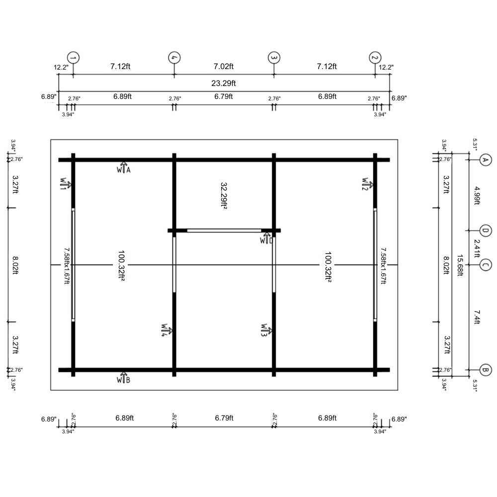 Detailed architectural floor plan reveals the room layout of GardenHouse24 USA Britt 44 Garden Room, including wall lengths, door placements, and window dimensions