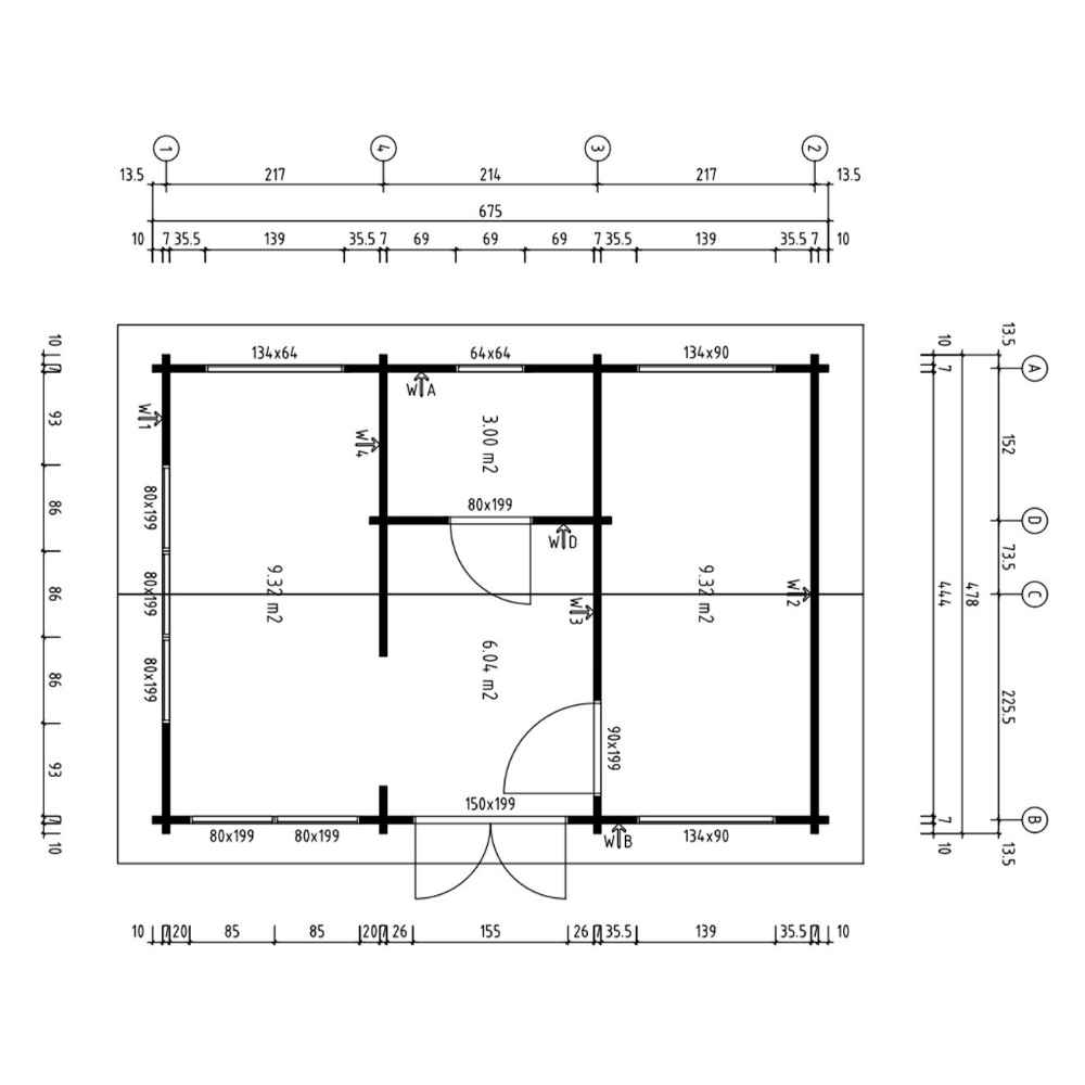 Detailed architectural floor plan reveals the room layout of the GardenHouse24 USA Britt 44 Garden Room, including wall lengths, door placements, and window dimensions