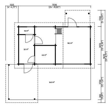 Detailed blueprint of the GardenHouse24 USA Montreal 70 Garden Room, marking distinct rooms and their square footage