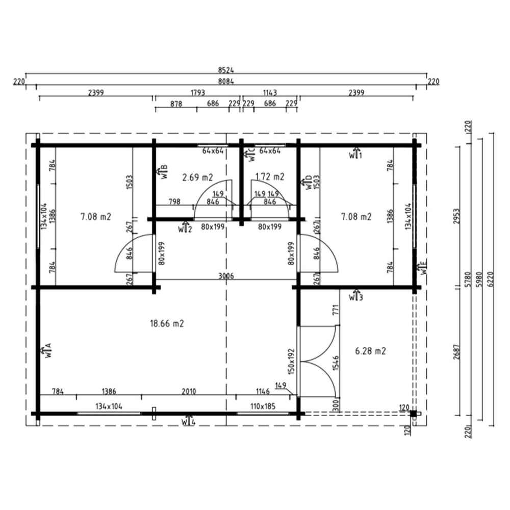 Detailed blueprint of the GardenHouse24 USA Skanderborg 70 Garden Room shows precise dimensions of rooms, doors, and windows in square meters