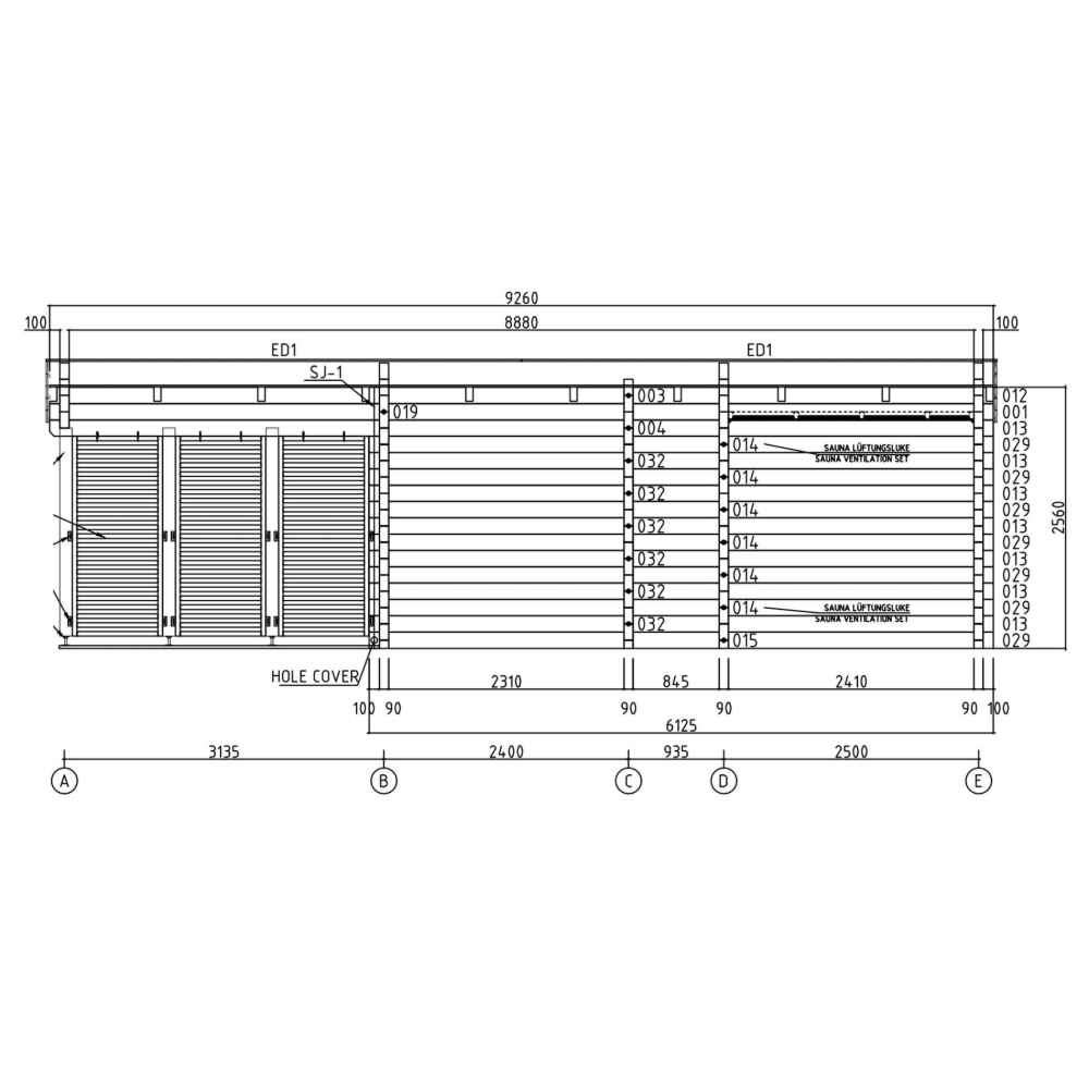 Detailed elevation blueprint of the GardenHouse24 USA Sauna Largo 90 Garden Room showing structural dimensions and labeled wooden slats and vents