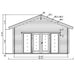 Detailed elevation blueprint of the GardenHouse24 USA Sigrid 44 Garden Room highlights the pitched roof and large front windows with exact height measurements