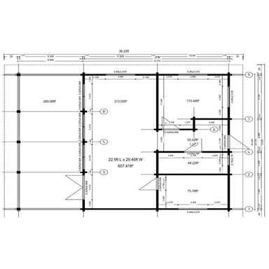 Detailed floor plan illustrating room sizes and layout for GardenHouse24 USA Caroline 90 Garden Room including measurements and wall positions