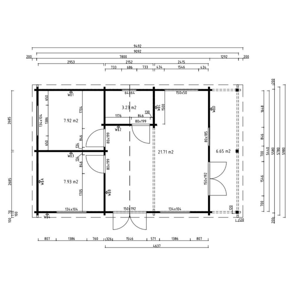 Detailed floor plan shows the internal layout of the GardenHouse24 USA Bente 70 Garden Room, including precise room dimensions and wall placements