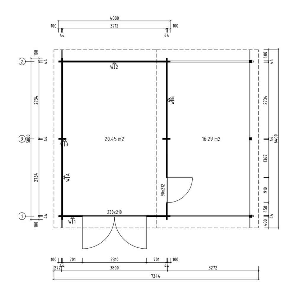 Detailed interior floor plan of the GardenHouse24 USA Garage Bjarne 44 Garden Room showing two separate rooms and exact internal measurements