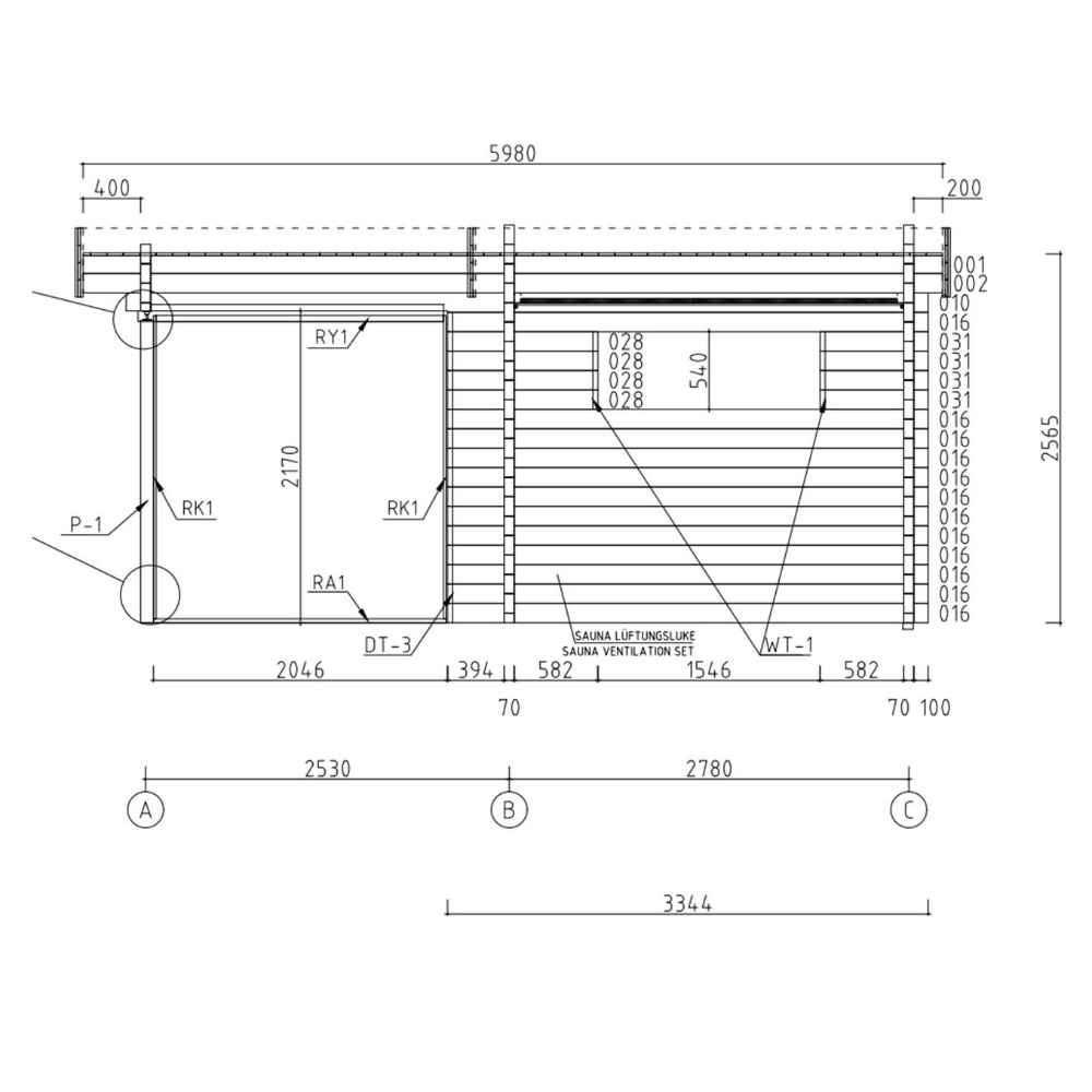 Detailed top view blueprint of the GardenHouse24 USA Sauna Forte 70 Garden Room including window placements, door sizes, and ventilation info