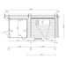 Detailed top view blueprint of the GardenHouse24 USA Sauna Forte 70 Garden Room including window placements, door sizes, and ventilation info