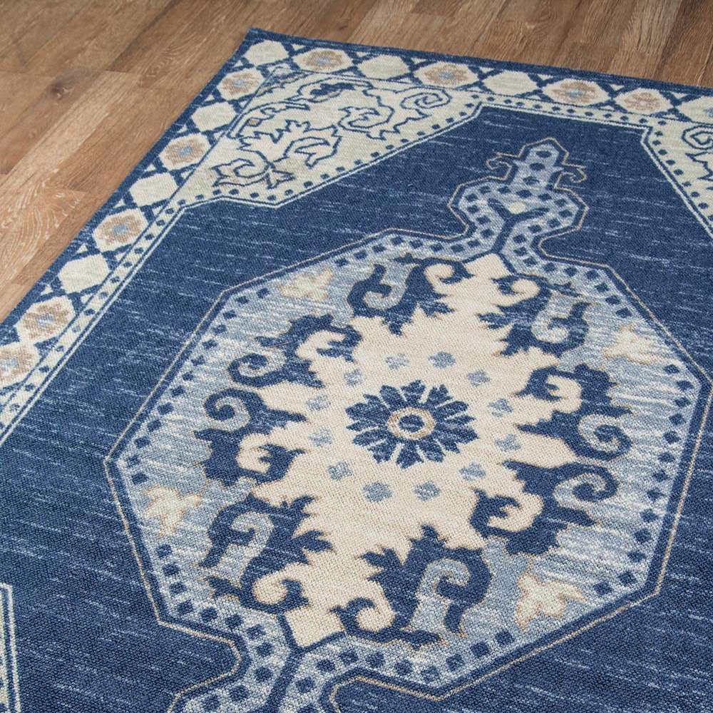 Detailed view highlights the central medallion of Momeni Anatolia Indoor Rug - ANA-3 Navy with intricate blue and ivory patterns