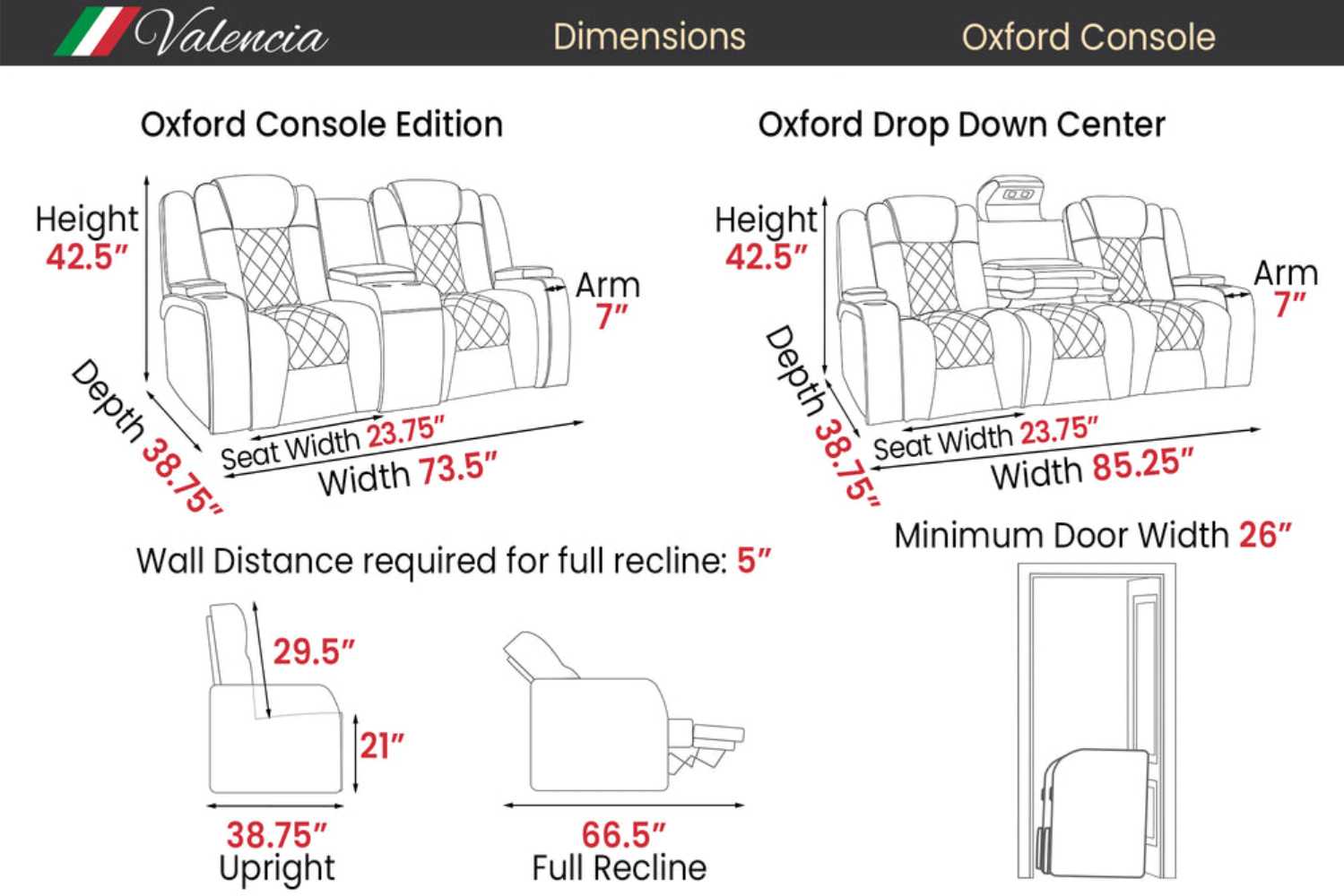 Detailed dimensions of the Valencia Oxford Console Edition Home Theater Seating