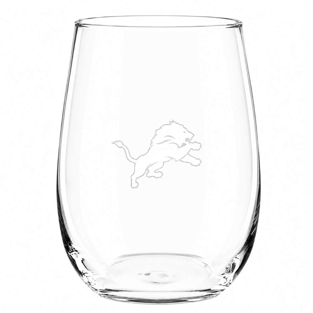Detroit Lions Crate & Barrel NFL Aspen 17oz Stemless Wine Glass, Set of 4 features a clear stemless glass etched with the Lions leaping lion logo