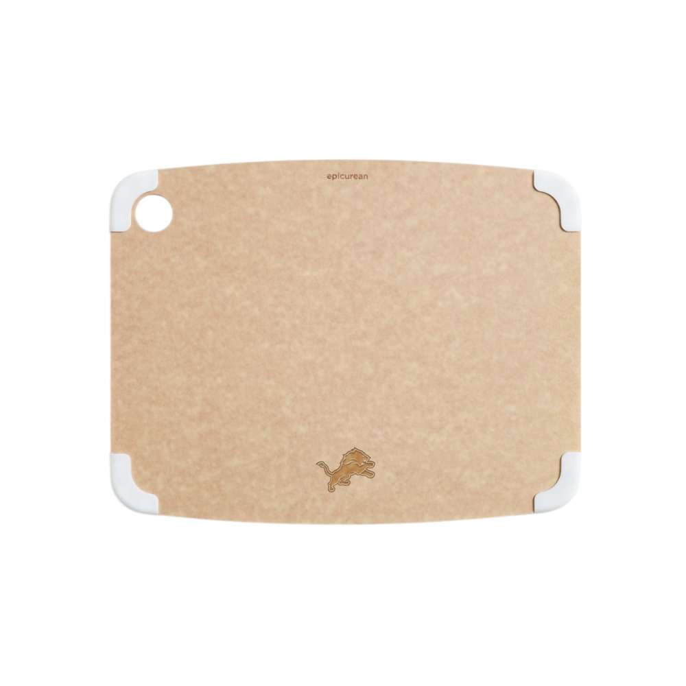 Detroit Lions Crate & Barrel NFL Organic Cotton Oven Mitt with Silicone Grip features a natural tan surface, white corner grips, and an engraved leaping lion logo