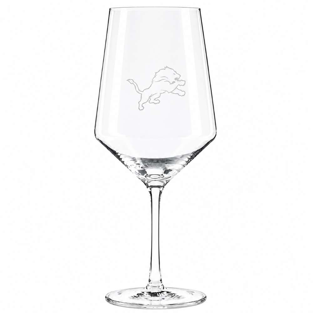 Detroit Lions Crate & Barrel NFL Tour 18oz Red Wine Glass, Set of 4 featuring the Lions leaping lion logo etched on a clear stemmed wine glass