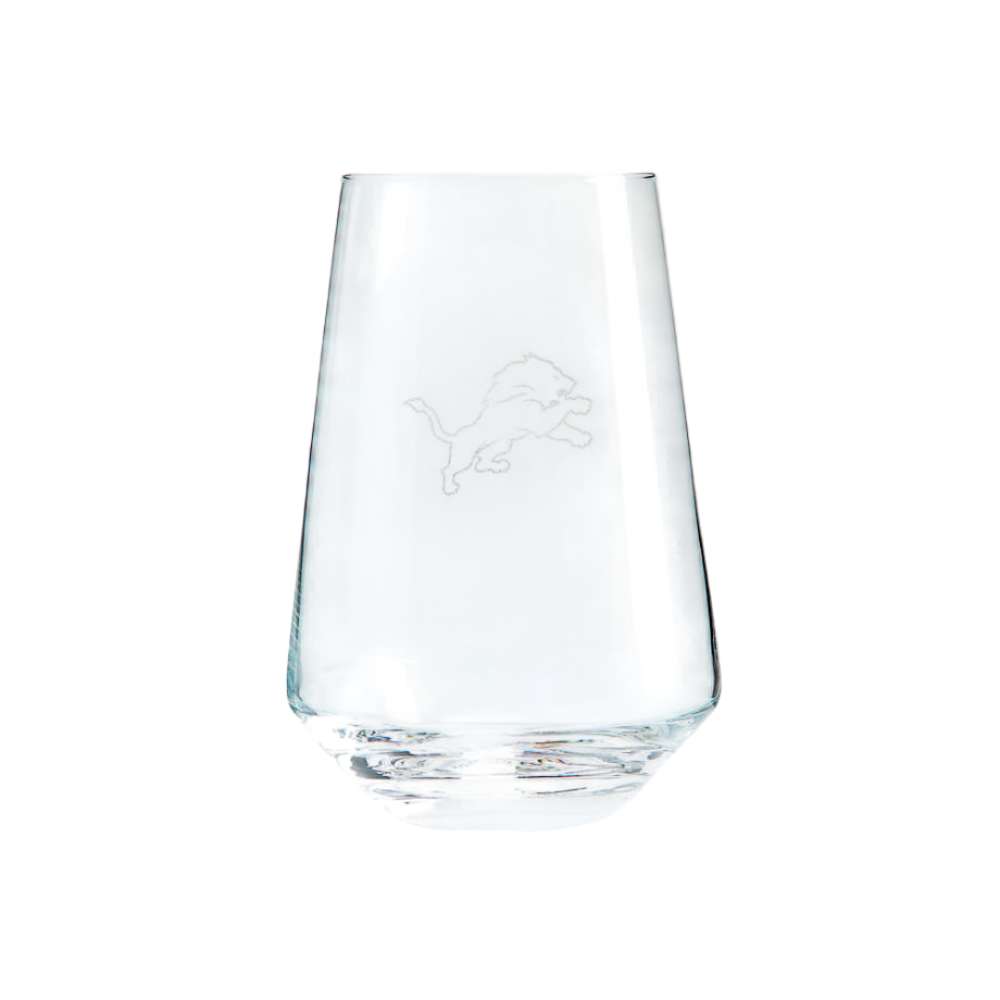 Detroit Lions Crate & Barrel NFL Tour 19oz Stemless Wine Glass, Set of 4 featuring the leaping lion logo etched on clear glass