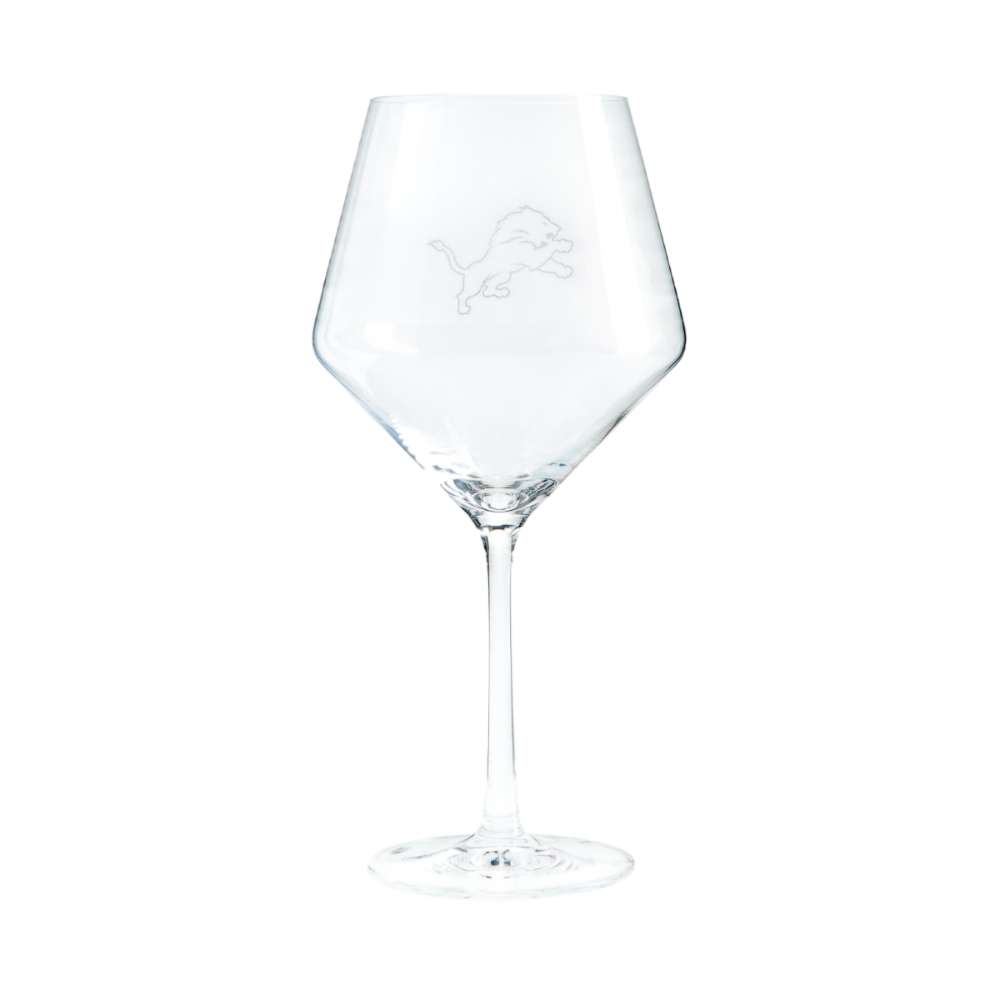 Detroit Lions Crate & Barrel NFL Tour 24oz Red Wine Glass, Set of 4 featuring the Lions leaping lion logo etched on a clear stemmed wine glass