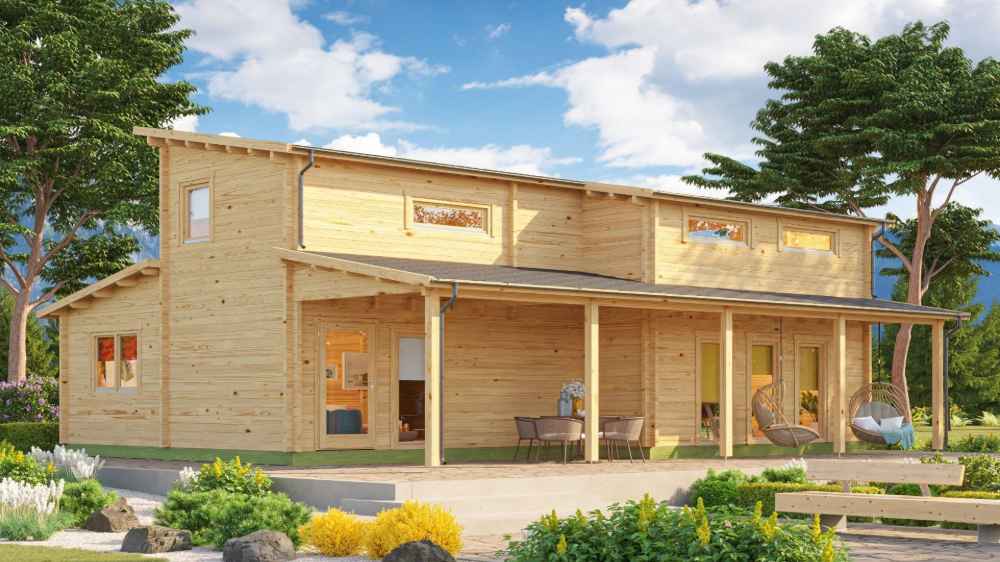 Diagonal front-side view of the GardenHouse24 USA Marcy 70 Garden Room showcases its cozy wrap-around porch and modern cabin design