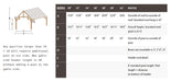 Diagram and size chart for Brookside Timber Frame Veranda Pavilion shows labeled measurements and structural details for different pavilion sizes