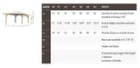 Diagram of Brookside Timber Frame Timber Crest Pavilion displays labeled measurements, sizes, and structural details for different pavilion dimensions
