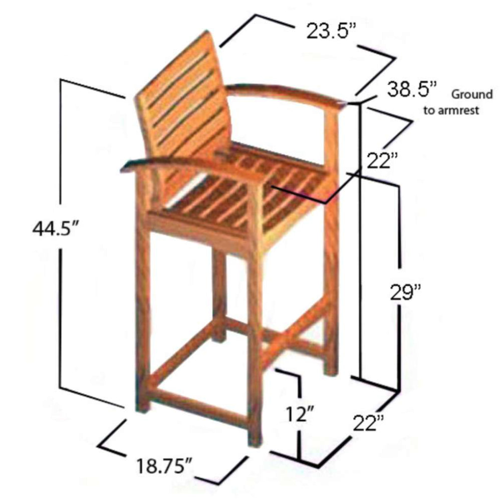 Diagram of Westminster Teak Somerset Teak Bar Stool displays its measurements, including seat height, armrest height, and overall dimensions