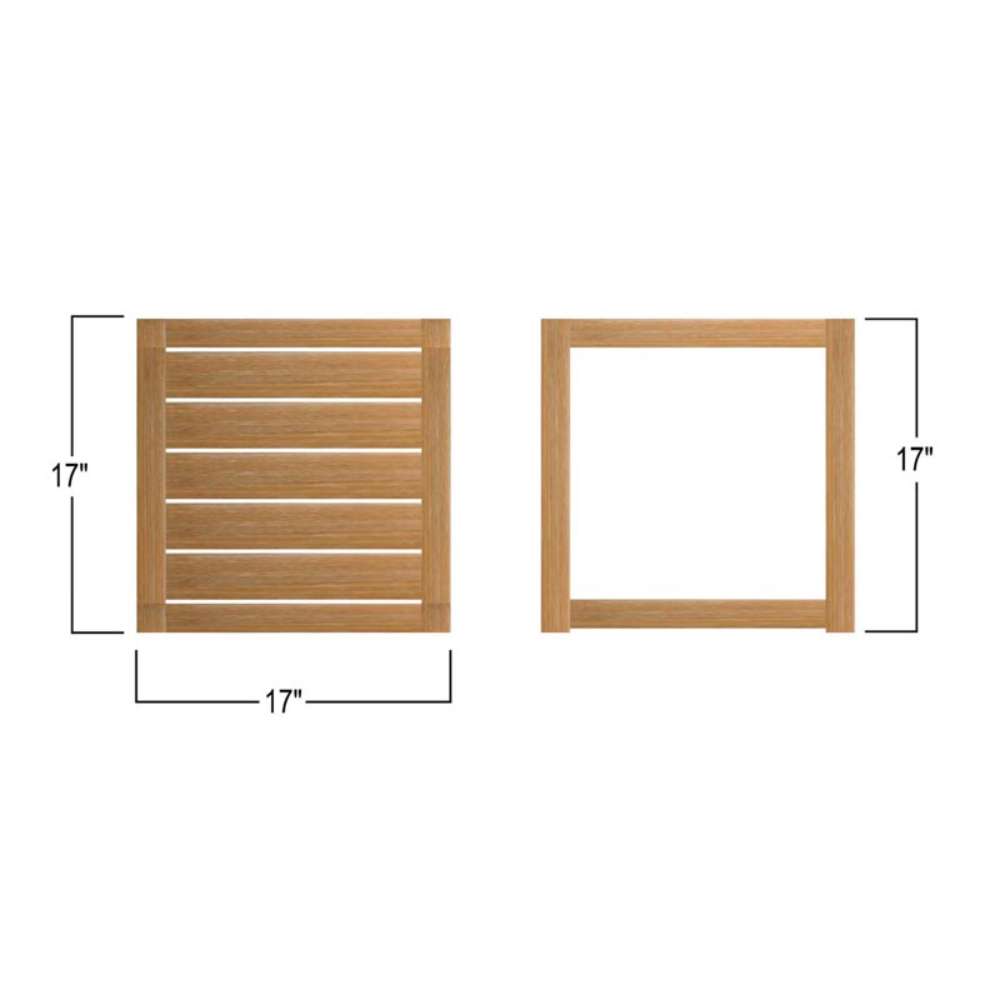 Diagram shows Westminster Teak Horizon Teak Side Table from top and side views with dimensions labeled as 17 inches wide and tall