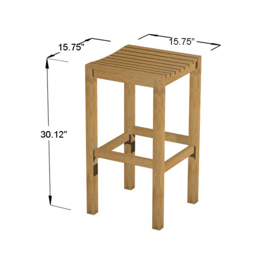 Diagram shows the dimensions of Westminster Teak Somerset Backless Bar Stool, including its square top and overall height