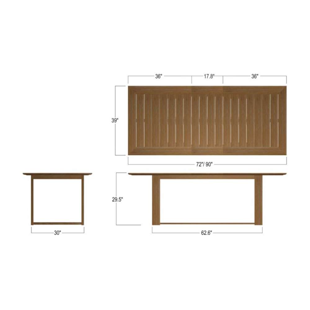 Diagram shows the table from top and side views with measurements labeled, explaining the size and extendable design of Westminster Teak Horizon Table & Bench Set