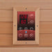 Digital control panel with red temperature and timer readouts and touch buttons in a cedar frame inside Golden Designs Dynamic Monaco Elite 6 Person Ultra Low EMF Far Infrared Sauna